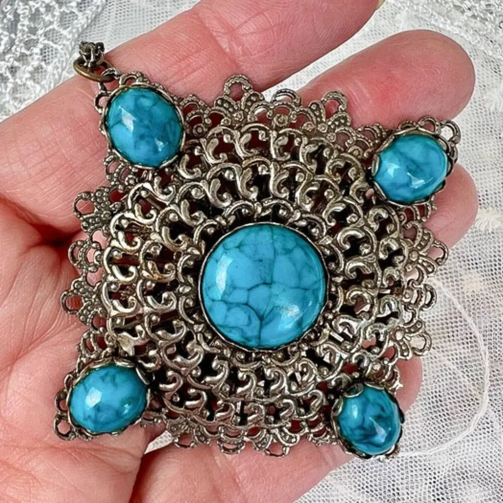 Vintage Victorian Revival Faux Turquoise Pendant Necklace